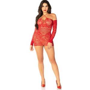 LEG AVENUE - МИНИ-ПЛАТЬЕ В СЕТКУ С ДЛИННЫМИ РУКАВАМИ, КРАСНОЕ