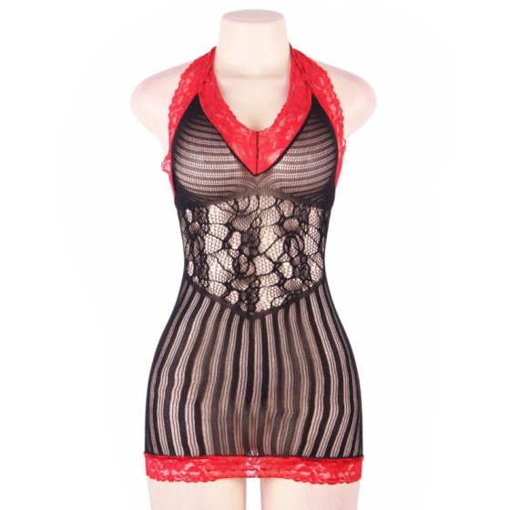 QUEEN LINGERIE - BLACK AND RED CROTCHET CHEMISE S/L