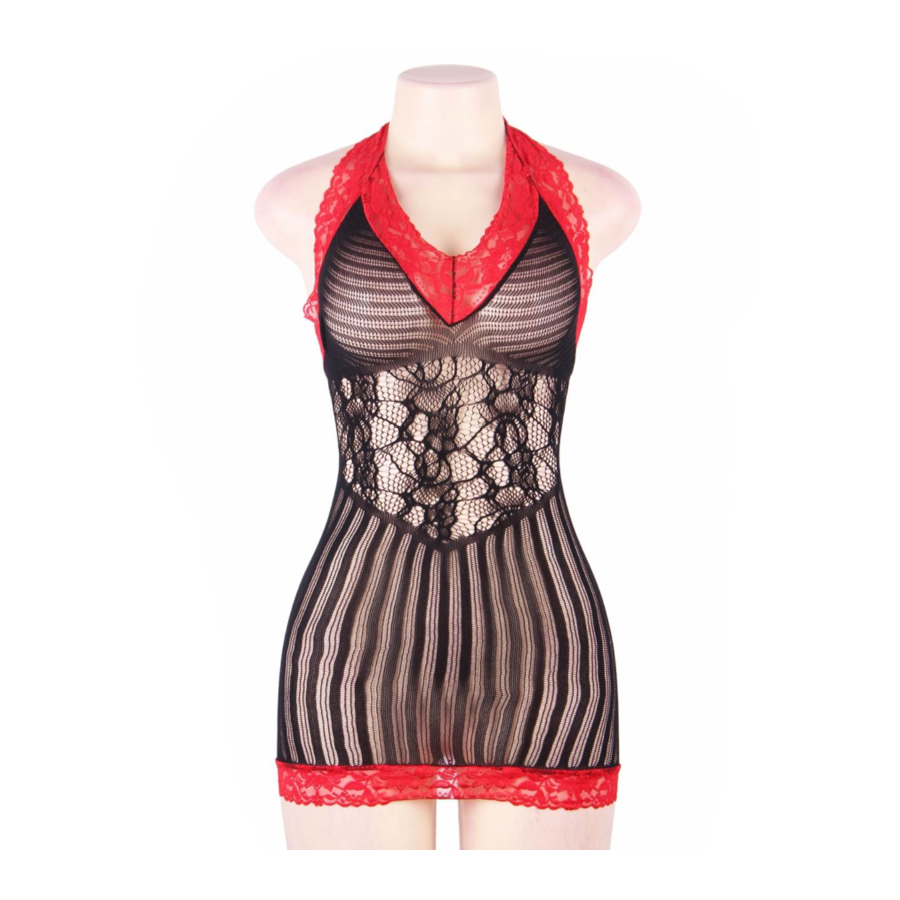 QUEEN LINGERIE - BLACK AND RED CROTCHET CHEMISE S/L